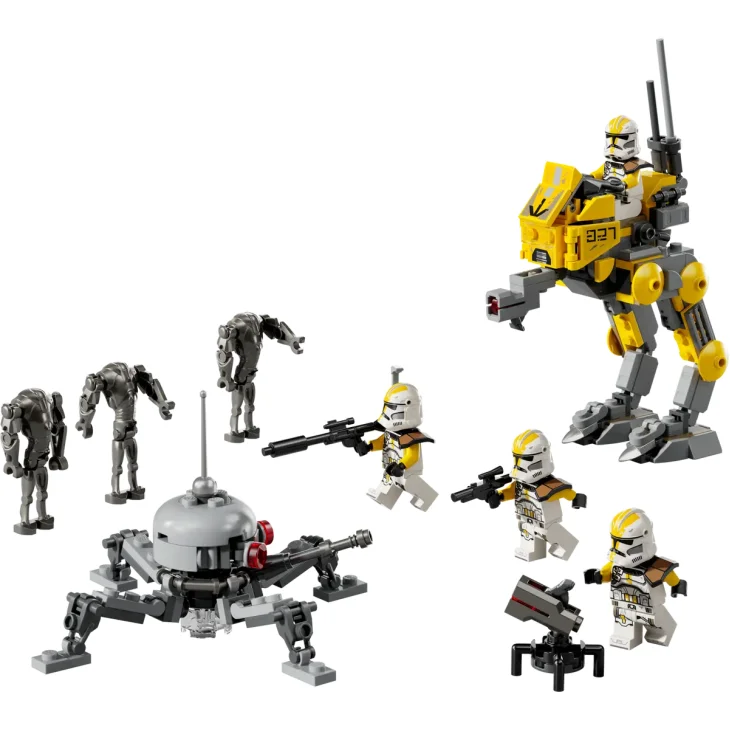 Vollständiger LEGO-Set Überblick mit gelbem AT-RT Walker, 4 Clone Trooper Minifiguren, 3 Kampfdroiden und einer Spinnen-Droide