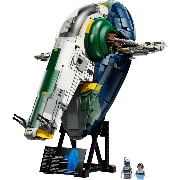 LEGO Firespray-Raumschiff in Grau und Grün auf Ausstellungsständer mit zwei Jango Fett Minifiguren und Infotafel