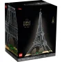 Schwarze LEGO-Box mit zusammengebautem Eiffelturm aus grauen Steinen und grüner Basis auf elegantem Hintergrund