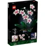 LEGO Orchidee-Box auf schwarzem Hintergrund zeigt weiße und rosa Orchidee mit grünen Blättern und Fotos des gebauten Modells LEGO Orchidee-Box auf schwarzem Hintergrund zeigt weiße und rosa Orchidee mit grünen Blättern und Fotos des gebauten Modells
