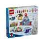 LEGO-Box 10794 zeigt Spidey-Hauptquartier mit Turm, Fahrzeugen, 6 Minifiguren und Zubehör auf buntem Hintergrund LEGO-Box 10794 zeigt Spidey-Hauptquartier mit Turm, Fahrzeugen, 6 Minifiguren und Zubehör auf buntem Hintergrund
