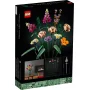 LEGO Blumenstrauß-Box mit bunten Blumen: lila Rosen, orange Gerbera, Löwenmaul und Astern mit grünen Stielen