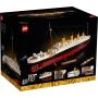 LEGO Titanic-Box zeigt weißes und rotes Schiff mit vier orangen Schornsteinen auf schwarzem Hintergrund mit Detailbildern