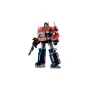LEGO Optimus Prime Roboterfigur in rot und blau, mit Waffe in der Hand, stehend auf weißem Hintergrund