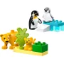 LEGO-Figuren eines erwachsenen Pinguins und Kükens auf blauem Eisberg, mit erwachsenem Löwen und Jungtier neben grüner Pflanze LEGO-Figuren eines erwachsenen Pinguins und Kükens auf blauem Eisberg, mit erwachsenem Löwen und Jungtier neben grüner Pflanze