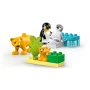 Übersicht der LEGO-Elemente: schwarz-weißer Pinguin, weißes Pinguinbaby, oranger Löwe, Löwenjunges, blaue und grüne Steine mit Pflanze Übersicht der LEGO-Elemente: schwarz-weißer Pinguin, weißes Pinguinbaby, oranger Löwe, Löwenjunges, blaue und grüne Steine mit Pflanze