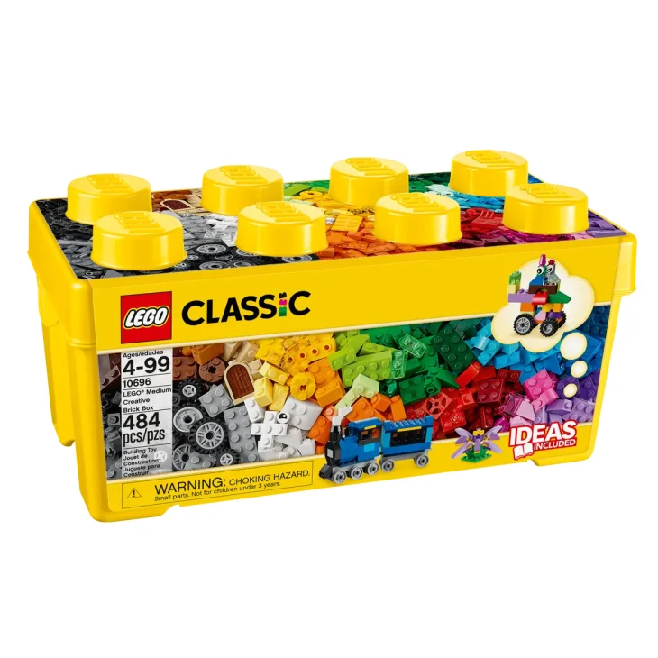 Boîte LEGO Classic jaune 10696 avec briques colorées visibles à travers la fenêtre transparente, 484 pièces, âge 4-99
