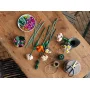 Vue d'ensemble du set LEGO assemblé montrant plusieurs fleurs colorées avec tiges vertes disposées sur une table en bois Vue d'ensemble du set LEGO assemblé montrant plusieurs fleurs colorées avec tiges vertes disposées sur une table en bois