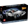 Boîte LEGO montrant la DeLorean gris métallisé avec portes papillon ouvertes et effets d'éclairs bleus en arrière-plan Boîte LEGO montrant la DeLorean gris métallisé avec portes papillon ouvertes et effets d'éclairs bleus en arrière-plan