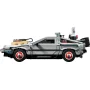 Vue latérale de la DeLorean LEGO grise avec portes papillon, flux capacitor et équipements temporels visibles Vue latérale de la DeLorean LEGO grise avec portes papillon, flux capacitor et équipements temporels visibles