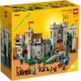 Vue d'ensemble du château fort LEGO avec tours, pont-levis, minifigurines de chevaliers, chevaux et accessoires médiévaux