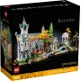 Boîte LEGO Fondcombe avec château elfique aux tours vertes, pont en pierre, arbres dorés et minifigurines du Seigneur des Anneaux