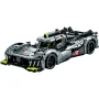Voiture de course LEGO Peugeot 9X8 grise et noire avec détails fluorescents, vue de trois-quarts avant sur fond blanc