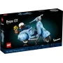 Boîte LEGO Vespa 125 montrant le scooter bleu clair assemblé avec un panier de tournesols sur fond dégradé bleu-vert