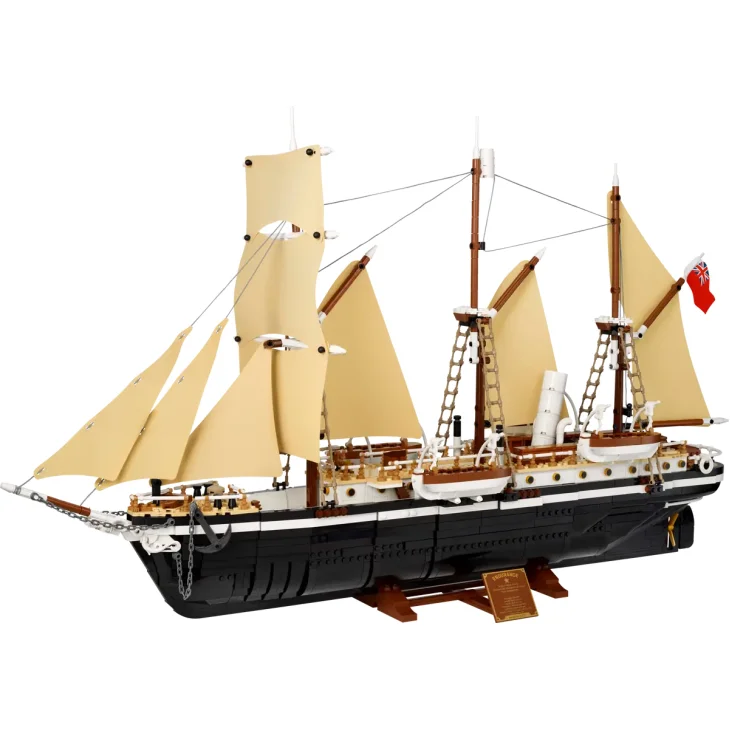 LEGO Endurance ship with black hull, tan sails deployed, three masts with rigging and display stand