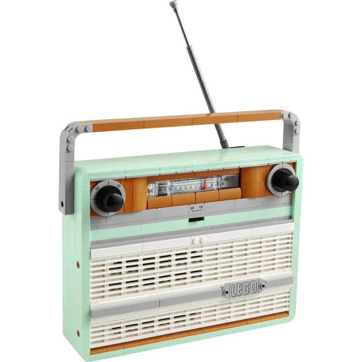 Mint green LEGO retro radio with carrying handle, telescopic antenna, frequency dial and front speaker grille
