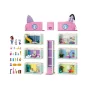 Pink modular LEGO house with 6 rooms, purple roofs, central elevator, Gabby minifigure, cat and colorful accessories Pink modular LEGO house with 6 rooms, purple roofs, central elevator, Gabby minifigure, cat and colorful accessories