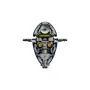 Bottom view of LEGO Firespray ship showing gray hull with yellow details and extended side wings Bottom view of LEGO Firespray ship showing gray hull with yellow details and extended side wings