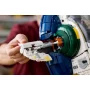 Close-up of hands holding Jango Fett's lightsaber near the Firespray ship with green and blue details Close-up of hands holding Jango Fett's lightsaber near the Firespray ship with green and blue details