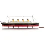 Complete view of LEGO Titanic ship with four yellow and black funnels, red hull and white superstructure on display stand Complete view of LEGO Titanic ship with four yellow and black funnels, red hull and white superstructure on display stand