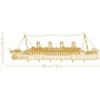 Golden technical diagram of LEGO Titanic with dimensions: 135 cm long and 44 cm high, showing four funnels and ship structure Golden technical diagram of LEGO Titanic with dimensions: 135 cm long and 44 cm high, showing four funnels and ship structure
