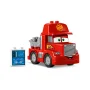 Red LEGO Mack truck with eyes, Rust-eze logo and blue data screen on white background