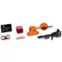 Overview of LEGO Optimus Prime elements: individual parts including translucent orange flames, grey weapons and accessories