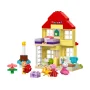 Yellow LEGO house with red roof featuring Peppa Pig figures, purple birthday cake, presents and colorful bunting Yellow LEGO house with red roof featuring Peppa Pig figures, purple birthday cake, presents and colorful bunting