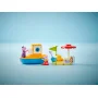 Blue LEGO boat with Peppa and Grandpa Pig, plus a dock with red umbrella, fishing accessories and Peppa Pig figure
