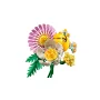 LEGO bouquet featuring pink daisy with yellow center, white and yellow roses, and green leaves on white background LEGO bouquet featuring pink daisy with yellow center, white and yellow roses, and green leaves on white background