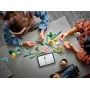 Overhead view of two people building colorful LEGO flowers on a table with tablet and building instructions Overhead view of two people building colorful LEGO flowers on a table with tablet and building instructions