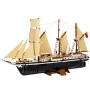 LEGO Endurance ship with black hull, tan sails deployed, three masts with rigging and display stand