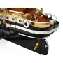 Close-up view of the LEGO Endurance ship's bow with black and white hull, portholes, deck equipment and brown details