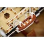 Close-up of LEGO Endurance ship showing brown lifeboat with wooden crates attached to the tan deck of the vessel