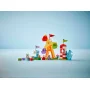 Overview of LEGO funfair with orange slide, red and white striped lighthouse, purple carousel and colorful minifigures Overview of LEGO funfair with orange slide, red and white striped lighthouse, purple carousel and colorful minifigures