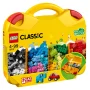 Yellow LEGO Classic suitcase with red handle, displaying colorful bricks and building examples including car and elephant Yellow LEGO Classic suitcase with red handle, displaying colorful bricks and building examples including car and elephant