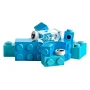 Collection of blue and white LEGO bricks with transparent special pieces arranged in a group on white background Collection of blue and white LEGO bricks with transparent special pieces arranged in a group on white background