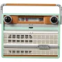 LEGO mint green portable radio with orange tuning dial, two black knobs and silver speaker grille marked LEGO LEGO mint green portable radio with orange tuning dial, two black knobs and silver speaker grille marked LEGO