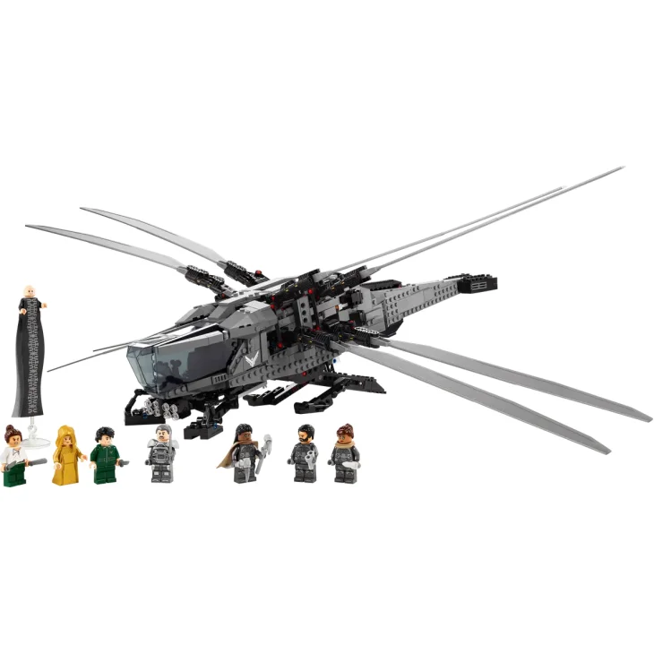 Ornitóptero Real Atreides LEGO gris con alas extendidas, acompañado de 8 minifiguras incluyendo Paul, Jessica y soldados Atreides