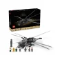 Vista general del set LEGO Dune Atreides Royal Ornithopter con caja negra, ornitóptero gris montado con alas extendidas y 8 minifiguras