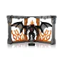 Vista completa del Book Nook LEGO Balrog con criatura alada negra en el centro, llamas naranjas y estructura de piedra gris