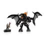 Figura LEGO Balrog negro con alas desplegadas y llamas naranjas, junto a minifigura de Gandalf y base con cita