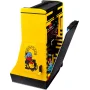 Máquina recreativa LEGO amarilla y negra abierta mostrando pantalla de PAC-MAN y mecanismos internos con minifiguras