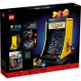 Caja LEGO mostrando máquina arcade PAC-MAN amarilla con pantalla de juego, personajes coloridos encima y jugador miniatura