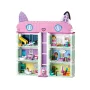 Casa LEGO rosa y blanca de 3 pisos con tejado violeta en forma de orejas de gato, interior amueblado con personajes y accesorios Casa LEGO rosa y blanca de 3 pisos con tejado violeta en forma de orejas de gato, interior amueblado con personajes y accesorios