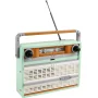Radio LEGO retro verde menta con asa de transporte, antena telescópica, dial de frecuencias y rejilla de altavoz