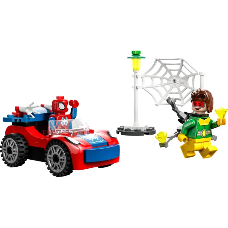 Vista d'insieme del set LEGO con l'auto rossa e blu di Spider-Man, la minifigure LEGO di Dottor Octopus e struttura con ragnatela