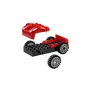 Vista esplosa dell'auto LEGO Spider-Man rossa e nera in assemblaggio con carrozzeria, telaio e ruote separate