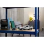 DeLorean LEGO argentata con portiere ad ala di gabbiano aperte su scaffale blu con libri e accessori sullo sfondo