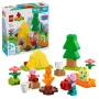 Panoramica del set LEGO DUPLO con scatola e costruzione: tenda gialla, albero verde, personaggi Peppa Pig, falò e accessori